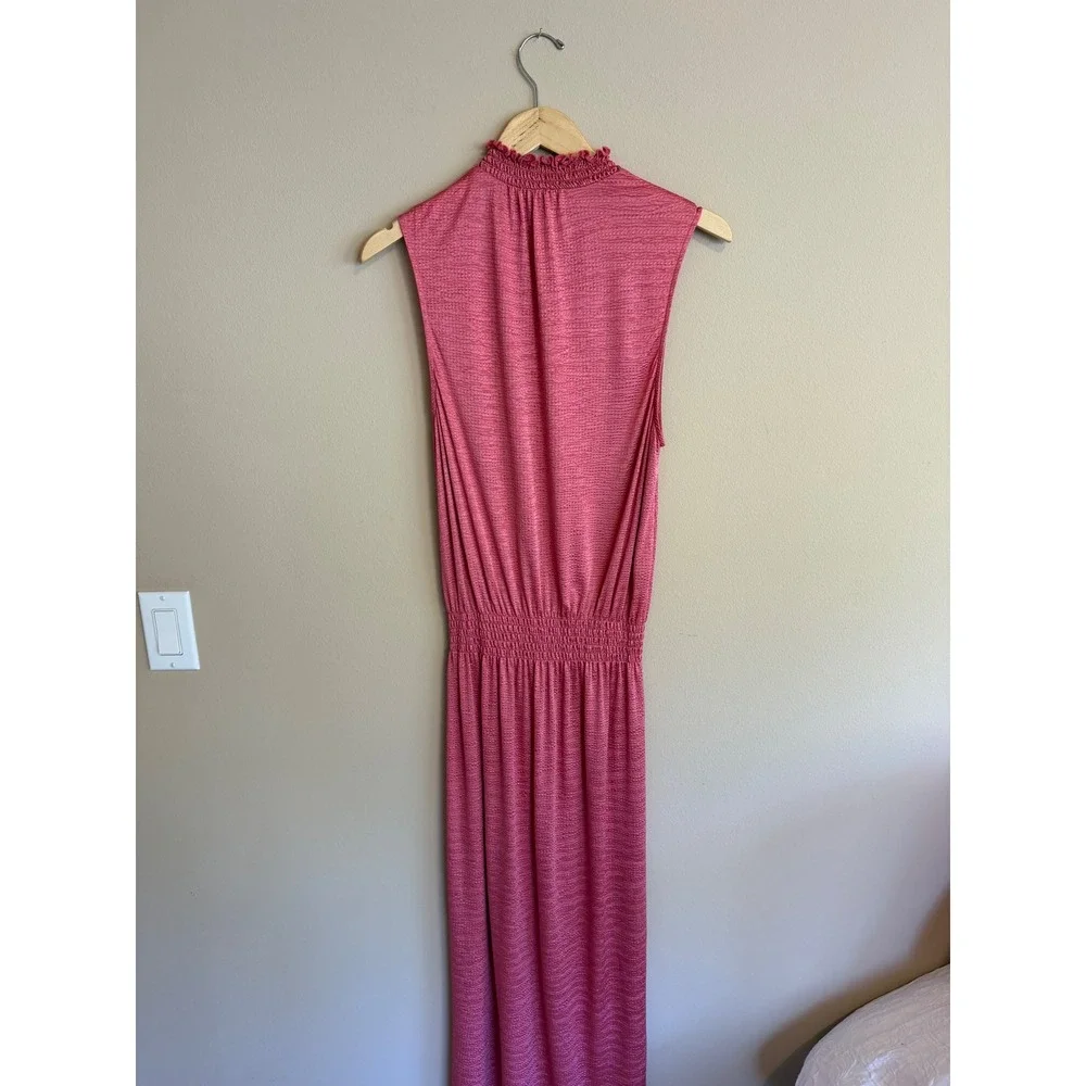 Pink Textured‎ Smocked Waist Sleeveless Ruffle Mock Neck Maxi Dress S